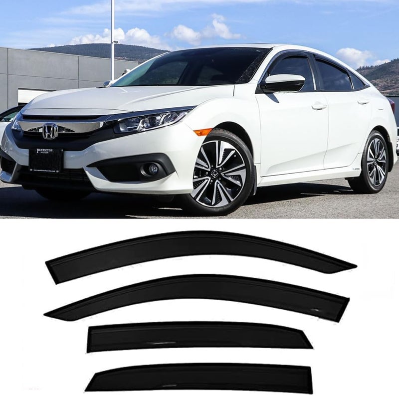 Deebior 94682 Side Window Visor Wind Vent Deflector fit for 2016-2021 Honda Civic Sedan,4pc Outside Mount Style Dark Smoke Shade Sun Rain Guards Set - Image 1